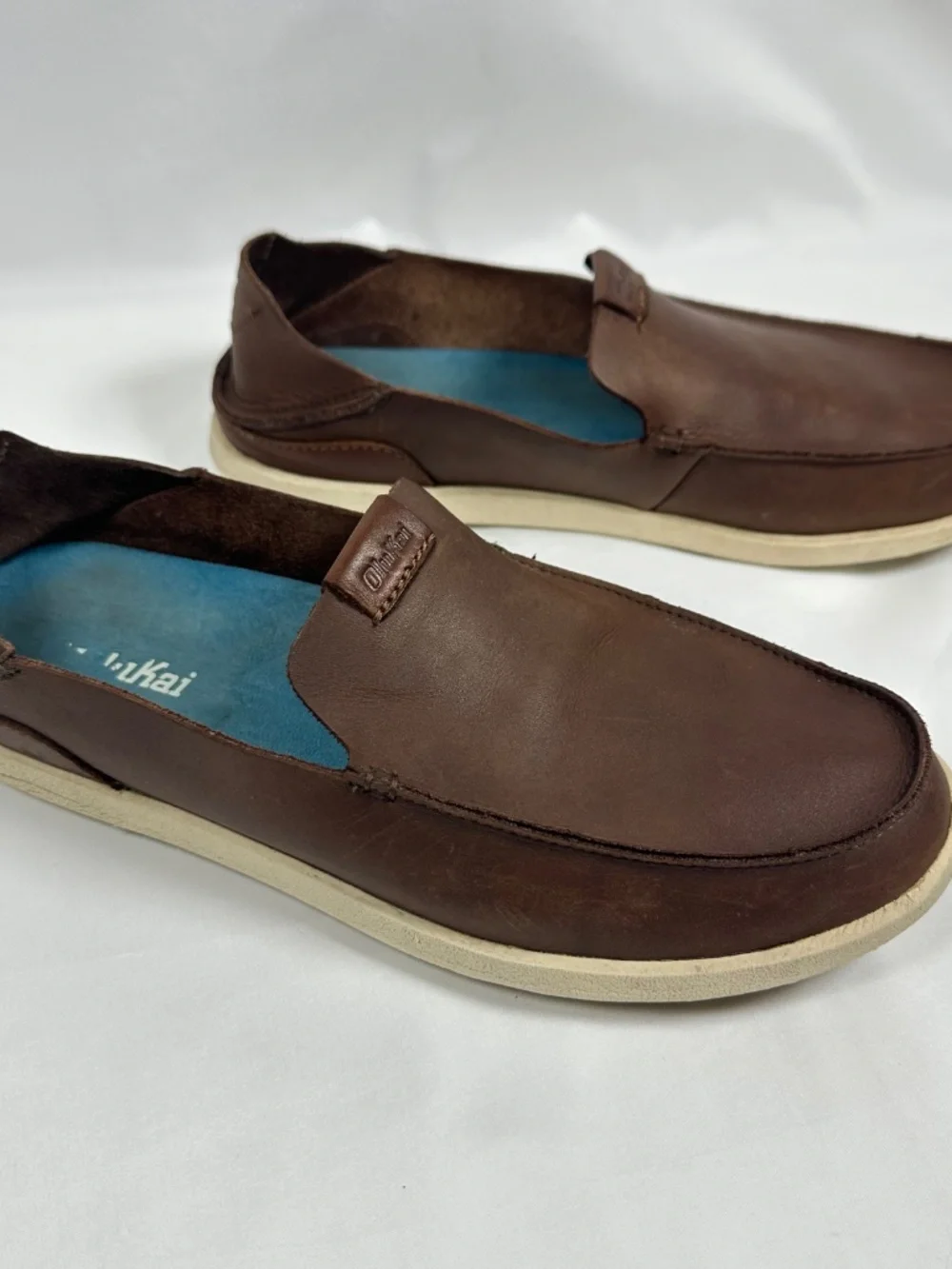 OluKai Nalukai-SA20, Men's Shoes, Brown, Size 9.5, Leather Upper, Folding Heel